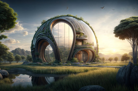 Futuristic dome-shaped building surrounded by lush nature at sunsetの素材