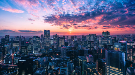 Aerial view of a vibrant city skyline at sunsetの素材
