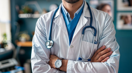 Close-up of a doctor with folded arms and stethoscopeの素材