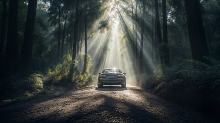 Car driving through a sunlit forest with rays of light streaming through treesの素材