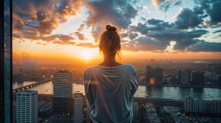 Woman looking at cityscape during sunset from a high-rise buildingの素材