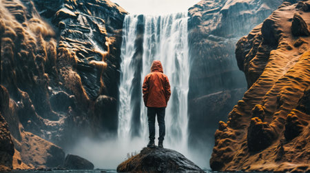 Person standing in front of a waterfall wearing a red jacketの素材