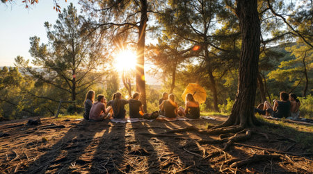Group of friends sitting together in forest during sunsetの素材