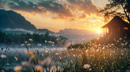 Beautiful sunrise over a wildflower field with mountains in the backgroundの素材