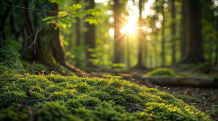 Sunlight shining through forest with moss on groundの素材