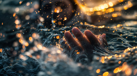 Hand reaching out of water with light reflectionsの素材