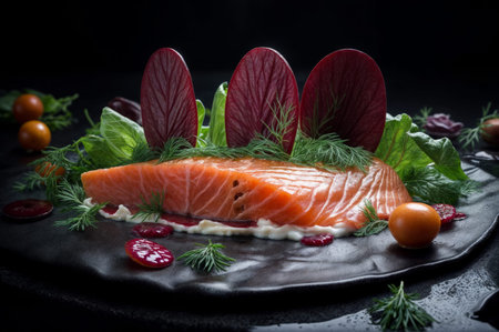 Salmon dish with greens and vibrant garnishesの素材