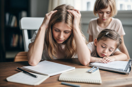 Mother and daughters studying together at tableの素材