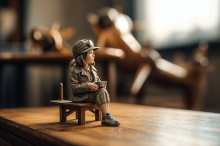 Little girl in aviator costume sitting on a benchの素材