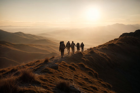 Group of hikers walking on a mountain trail at sunriseの素材