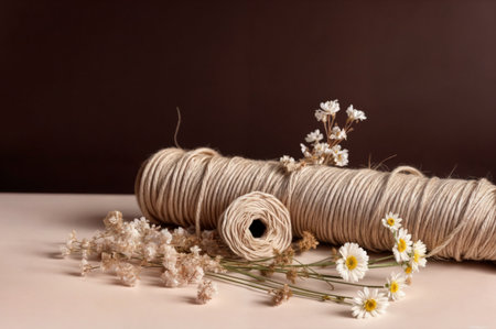 Twine and dried flowers on brown backgroundの素材
