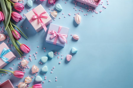 Pastel gift boxes with tulips and heart-shaped candiesの素材