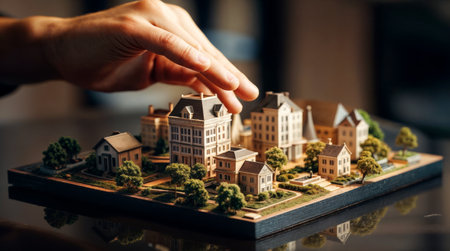 Hand arranging miniature houses on a model cityの素材