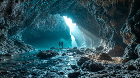 Two people standing in a cave with sunlight streaming through the entranceの素材