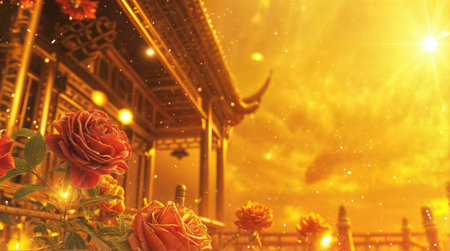 Roses in bloom at a templeの素材