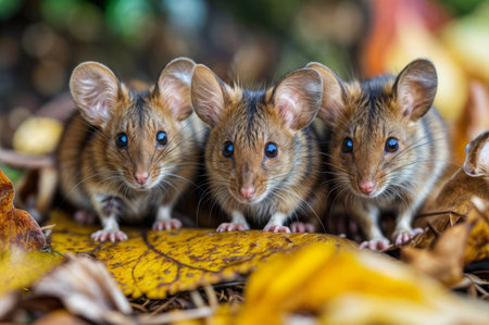 Three brown mouse in the autumn leaves. Shallow depth of field.の素材