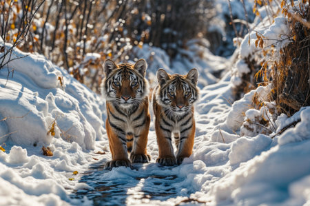 Siberian Tiger in winter forest. Beautiful, dynamic and powerful photo of this majestic animal.の素材