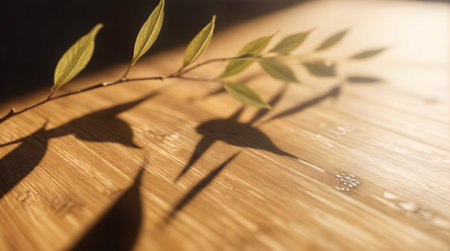 Sunlit leaf branch casting shadow on wooden surfaceの素材