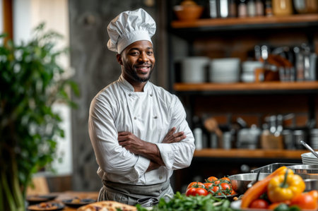 A smiling chef in a professional kitchen, surrounded by fresh vegetables and ingredients, showcasing culinary skills and passion.の素材