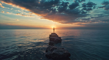 Silhouette of a person standing on rocks, looking out at a beautiful sunset over the ocean.の素材