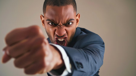 Angry man in a suit punching towards the camera with an intense and aggressive expression, showcasing strong emotions.の素材