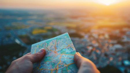 Hands holding a map over a cityscape at sunset, symbolizing exploration, travel, and adventure.の素材