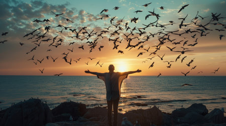 Silhouette of a man with arms outstretched, surrounded by flying birds at sunset, symbolizing freedom and serenity.の素材