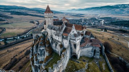 A grand medieval castle stands atop a rocky cliff, overlooking a sprawling valley below, symbolizing history, defense, and architectural grandeur.の素材