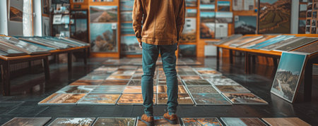 A man stands in a room, viewing a large collection of framed photographs displayed on the walls and floor, absorbing the visuals.の素材