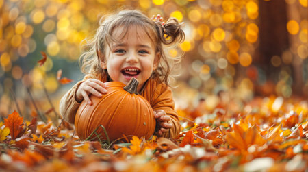 A joyful young girl holding a pumpkin and playing in autumn leaves, with a background of golden bokeh lights.の素材