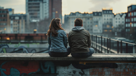 A couple sits on a ledge, sharing a moment of quiet reflection in an urban environment as evening approaches.の素材