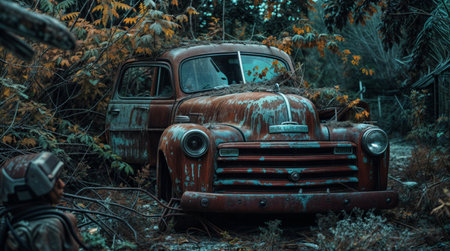 An abandoned vintage car, weathered and rusted, is overtaken by dense vegetation, evoking a sense of nostalgia and decay.の素材