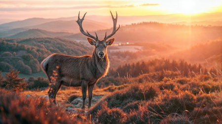 A majestic deer stands in a mountain landscape at sunset, with warm light highlighting its silhouette, symbolizing nature's beauty and grace.の素材