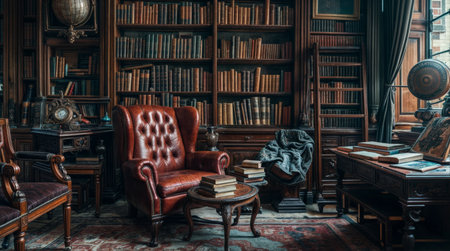 A warm, vintage library featuring a leather armchair surrounded by shelves filled with old books, creating a cozy and intellectual atmosphere.の素材