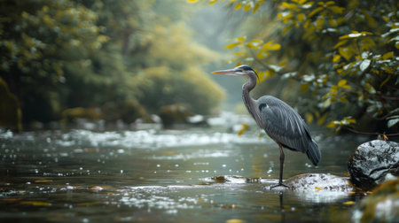 A majestic great blue heron stands poised on a rock in a serene stream surrounded by lush greenery, embodying tranquility and nature.の素材