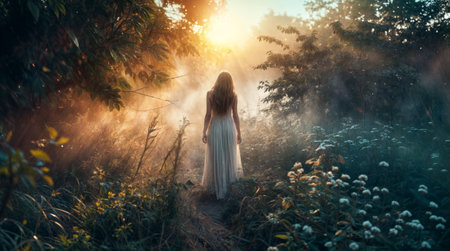 A mystical scene of a woman in a flowing white dress walking through a foggy forest, illuminated by golden sunlight.の素材