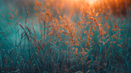 Close-up of wild grasses illuminated by warm sunlight during golden hour, creating a serene and natural autumnal ambiance.の素材