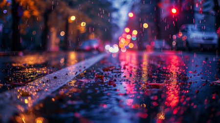 A rainy city street at night, with wet pavement reflecting colorful neon lights, creating a vibrant and atmospheric urban scene.の素材