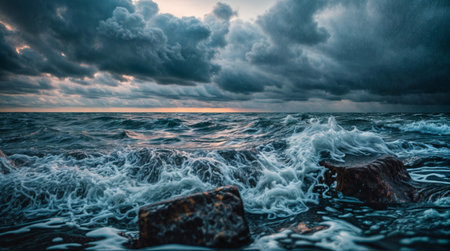 Dramatic ocean waves crash against rocks under a stormy sky, capturing the raw power and intensity of nature in action.の素材