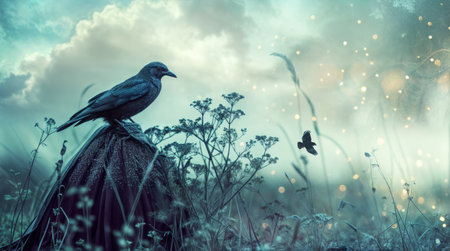 A crow sits perched on a mysterious object in an enchanted field, with soft light and ethereal atmosphere creating a mystical scene.の素材