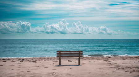 A lone wooden bench sits on a sandy beach, facing the vast ocean under a sky filled with soft clouds, creating a scene of solitude and peace.の素材