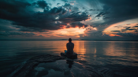 A solitary man sits by a lake during a dramatic sunset, contemplating the beauty of nature and reflecting on life.の素材