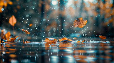Vibrant autumn leaves splash into a puddle, capturing the essence of a rainy fall day with blurred bokeh in the background.の素材