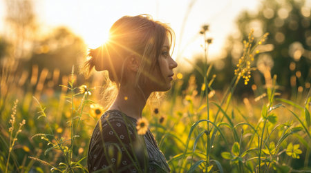 A young woman stands in a sunlit meadow during golden hour, with warm sunlight streaming through tall grasses and flowers.の素材