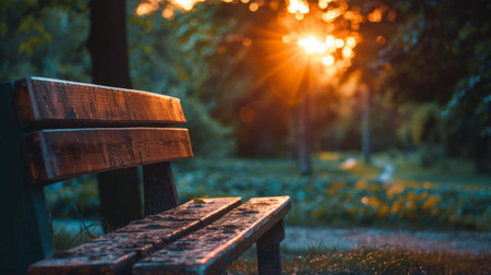 Wooden park bench in a serene park setting during sunset, with warm sunlight filtering through the trees, creating a peaceful atmosphere.の素材