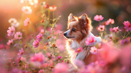 A cute dog sits among blooming pink flowers, bathed in the warm light of golden hour, capturing a serene and joyful moment.の素材