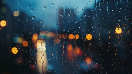 Raindrops trickling down a window, with blurred city lights in the background, creating a moody and reflective atmosphere at night.の素材