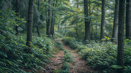 A winding dirt path through a dense forest filled with tall trees and lush greenery, creating a peaceful nature escape.の素材