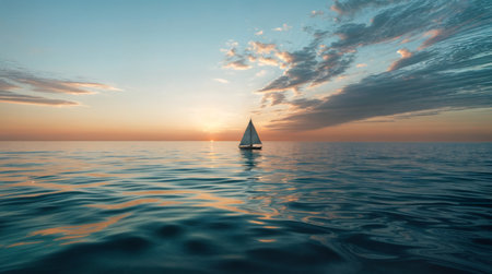 A solitary sailboat drifts peacefully on a calm ocean as the sun sets, creating a serene and tranquil seascape.の素材