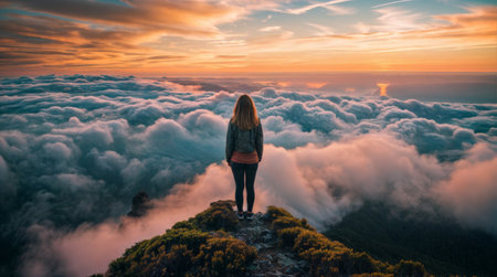 A woman stands on a mountain peak, overlooking a sea of clouds at sunrise, symbolizing adventure, freedom, and introspection.の素材